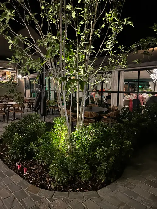 Het terras 's avonds, sfeervol verlicht
