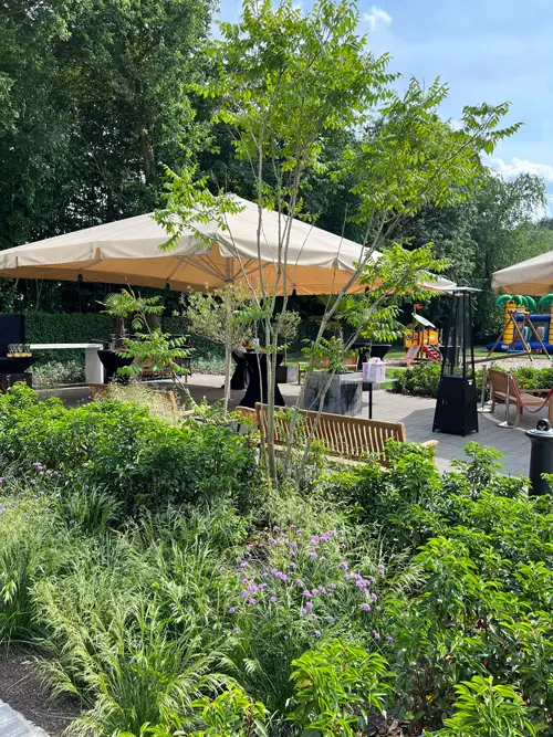 Zicht op de tuin met parasols, banken en beplanting